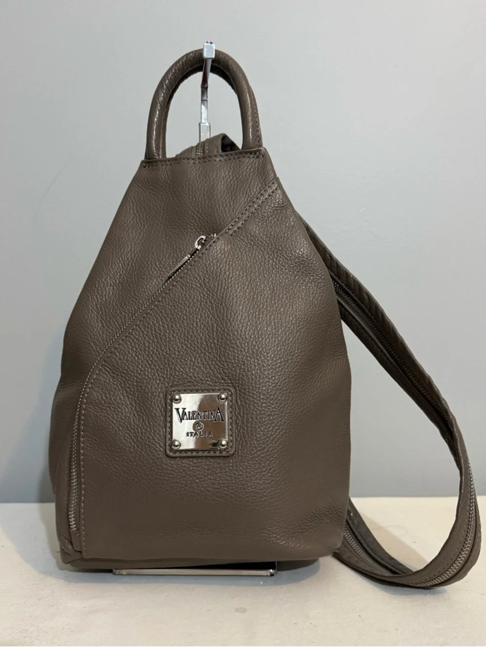 Valentina Taupe Pebbled Leather Sling Bag Convertible Backpack Purse